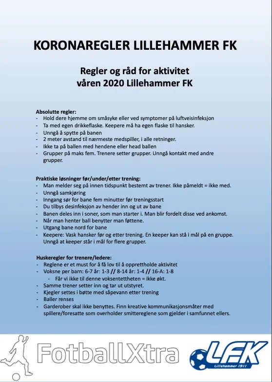 Råd og regler for smittefri trening i regi av Lillehammer FK
